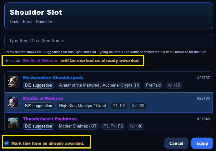 Choose equipment slot