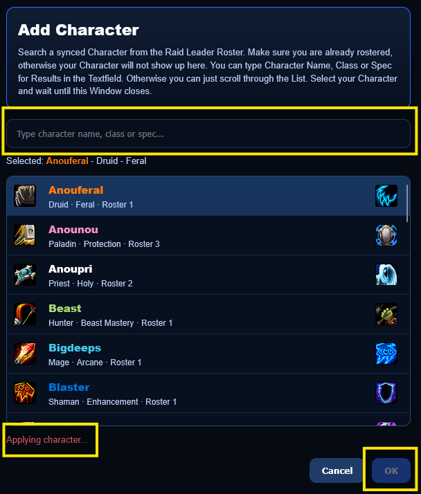 Add character button