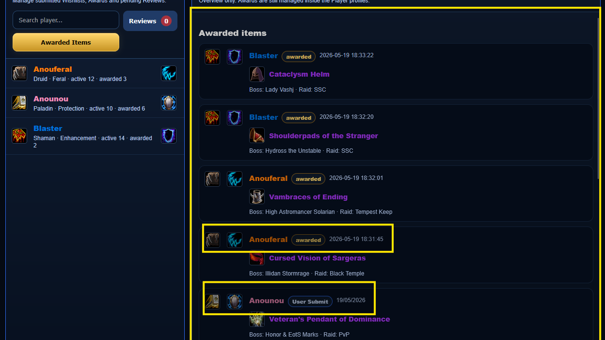 Award and undo controls